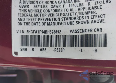 2011 Honda Civic Lx из США, поврежденный, VIN 2HGFA1F54BH528852